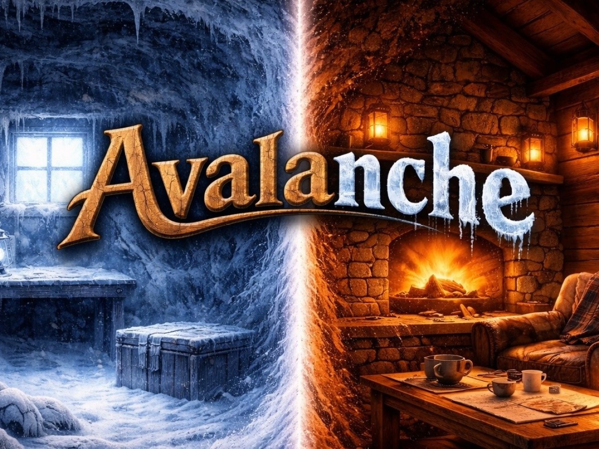 Split image of icy cave and cozy cabin with 'Avalanche' text in the center.