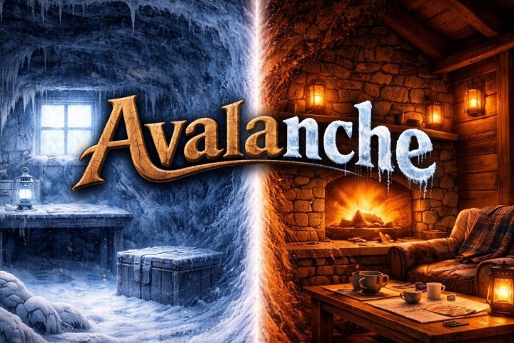 Split image of icy cave and cozy cabin with 'Avalanche' text in the center.